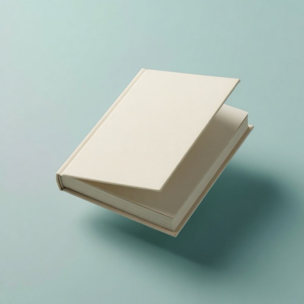 Cream hardcover book hovering on a mint studio background