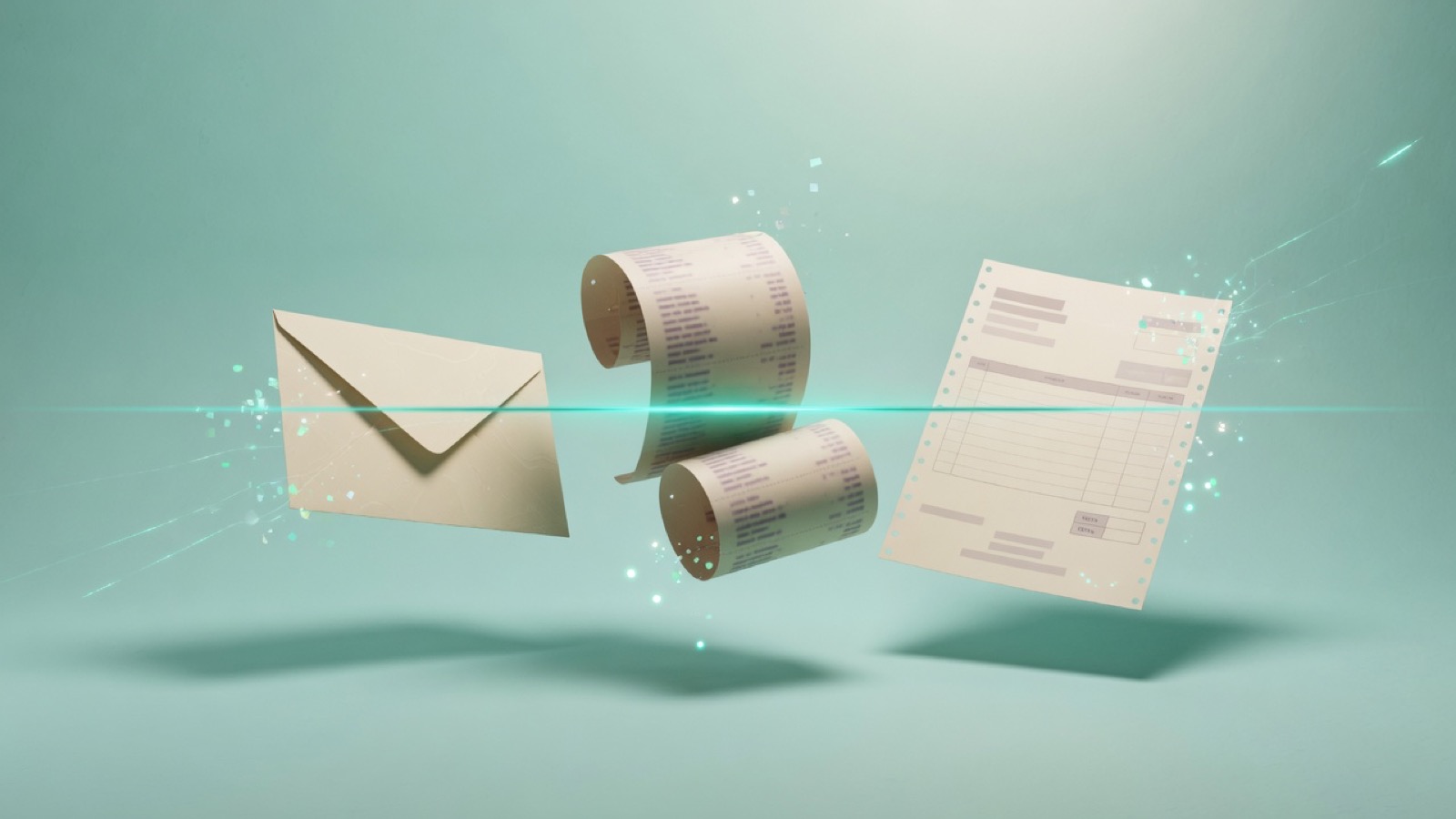 Envelope, curling receipt, and invoice hovering in a mint studio with a teal scan line passing through them