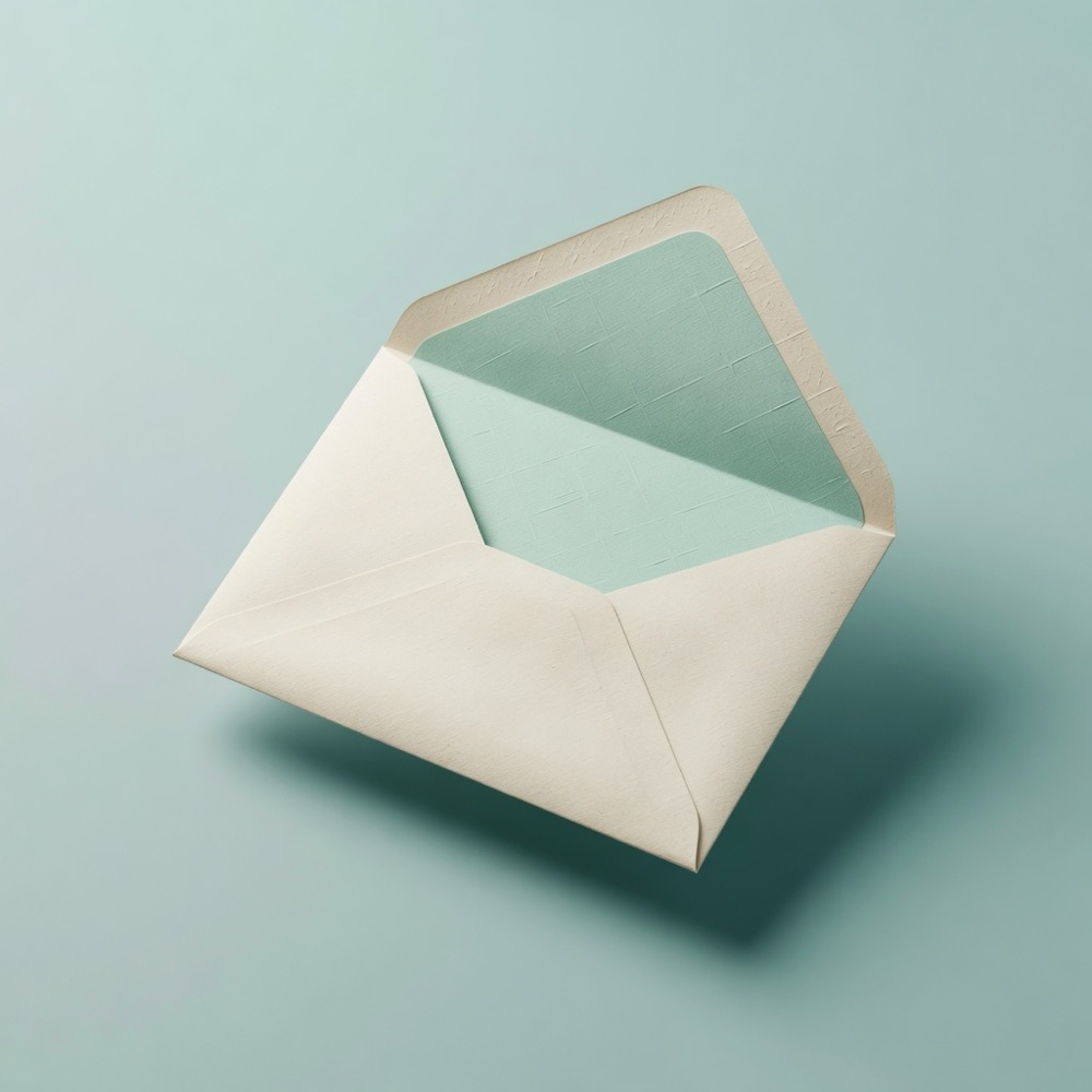 Opened cream envelope on a mint studio background