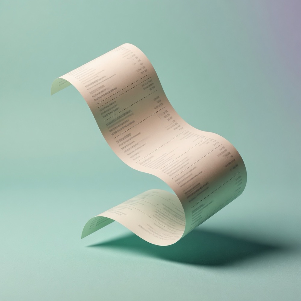 Curling thermal receipt on a mint studio background